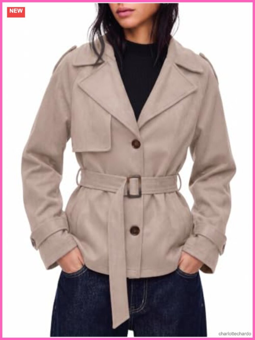 Womens Faux Suede Jacket Short Trench Coat with Belt